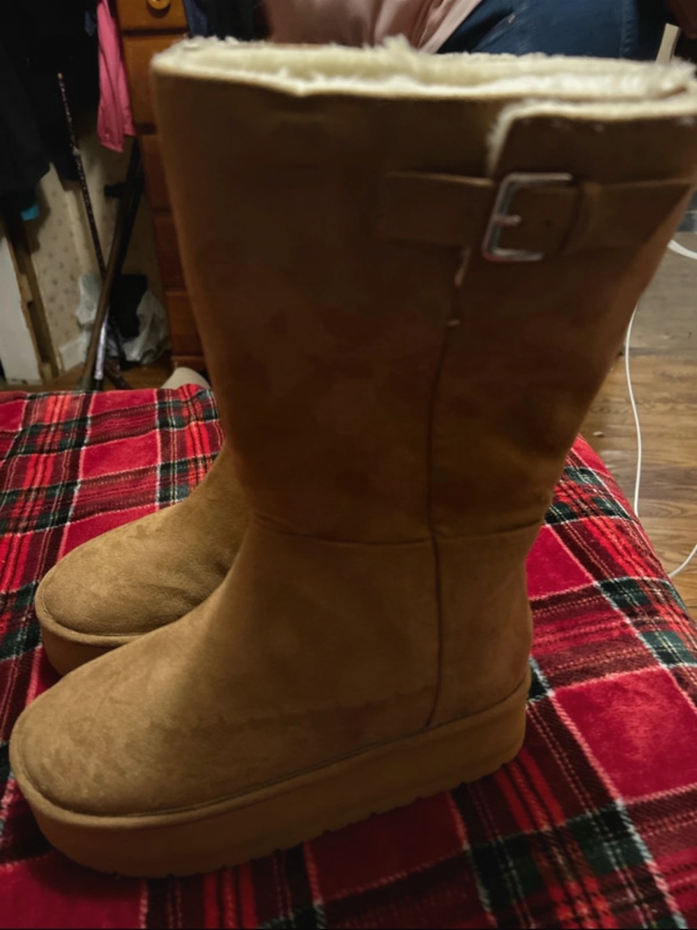 Women’s Tan Faux-Suede Winter Boots with Shearling Lining